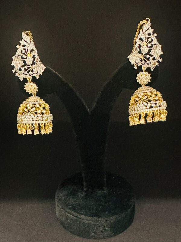 Oversized AD Jhumka Earrings with Ear Chains, Kushboo Style Bridal Jhumkas, Indian Wedding Jewelry, Gold Tone Statement Earrings - Image 4