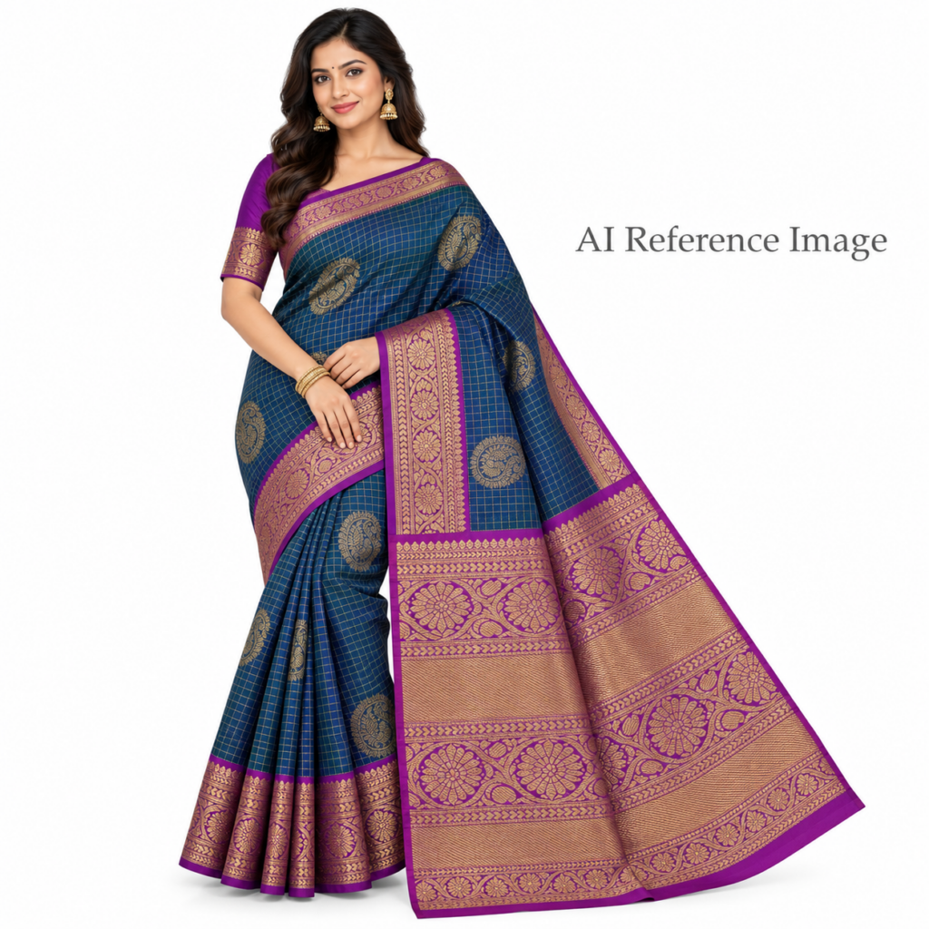 Handloom Kanchipuram Silk Saree Blue Purple Gold Zari Checks Traditional Sari