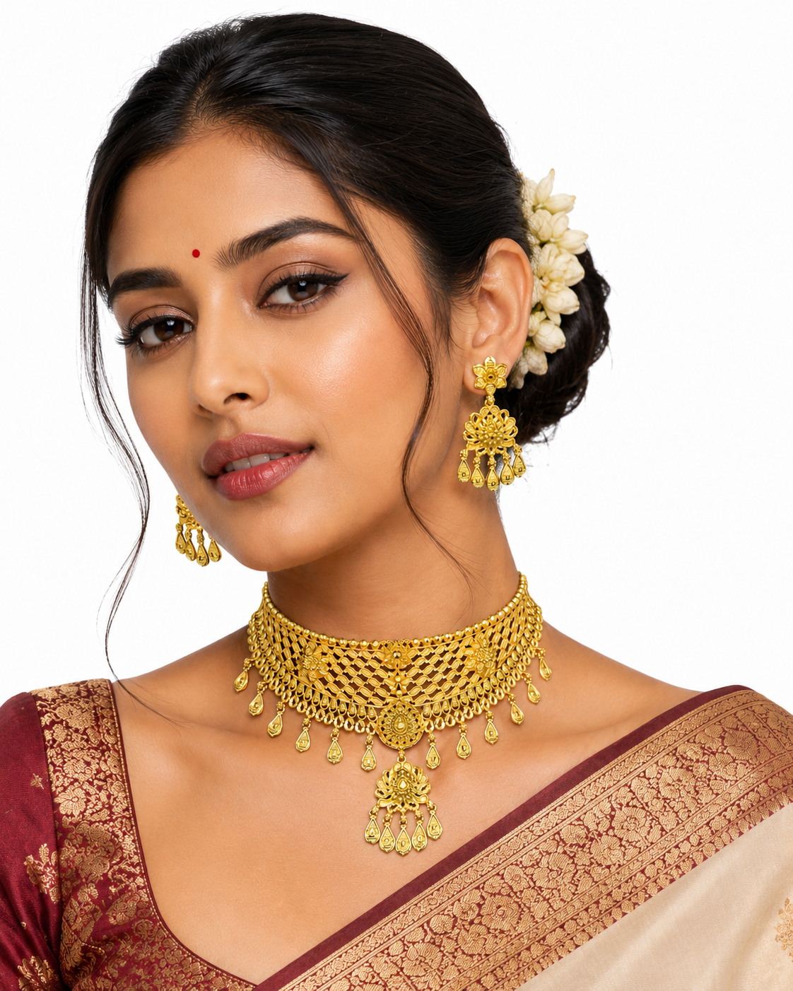 Micro Gold Plated Choker Necklace Set with Earrings, Indian Bridal Jewelry, Traditional Temple Style Choker, Wedding Jewelry - Image 1