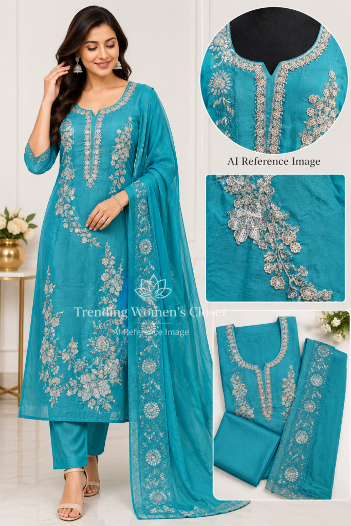Women 3PC Teal Salwar Suit Embroidered Kurta Pant Dupatta Indian Party M-XXL