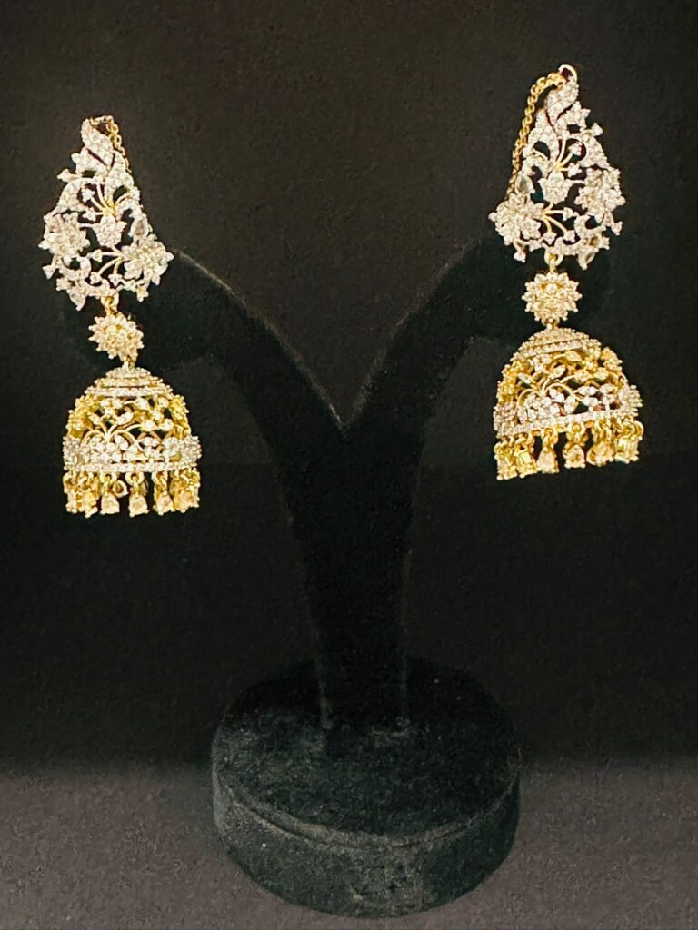 Oversized AD Jhumka Earrings with Ear Chains, Kushboo Style Bridal Jhumkas, Indian Wedding Jewelry, Gold Tone Statement Earrings