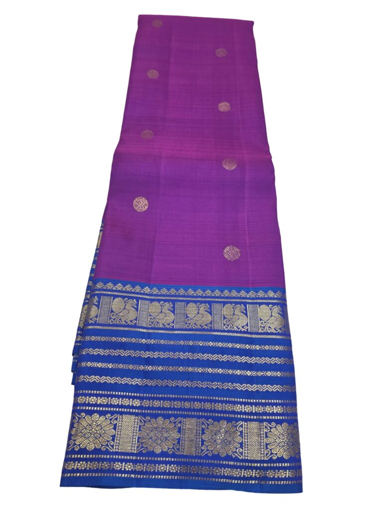 Kanchipuram Handloom pure Silk Saree Purple Blue Gold Zari Peacock Border Indian Wedding