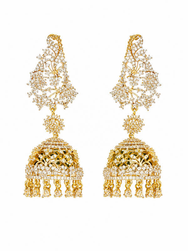 Oversized AD Jhumka Earrings with Ear Chains, Kushboo Style Bridal Jhumkas, Indian Wedding Jewelry, Gold Tone Statement Earrings - Image 2