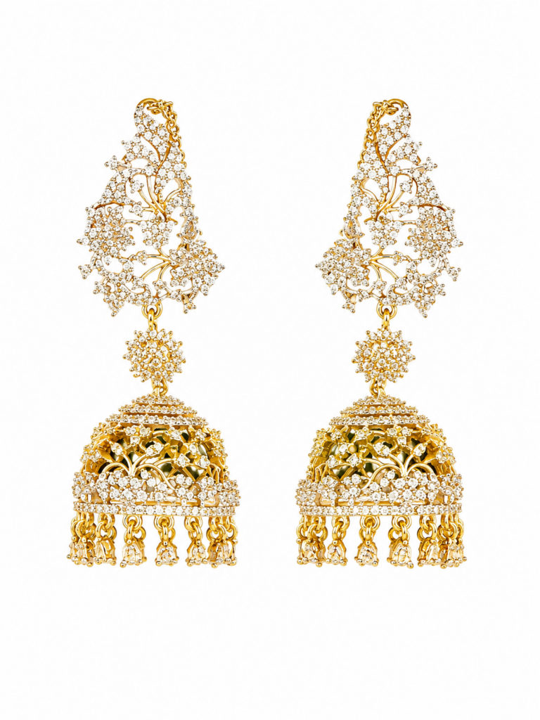 Oversized AD Jhumka Earrings with Ear Chains, Kushboo Style Bridal Jhumkas, Indian Wedding Jewelry, Gold Tone Statement Earrings