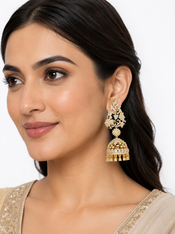 Oversized AD Jhumka Earrings with Ear Chains, Kushboo Style Bridal Jhumkas, Indian Wedding Jewelry, Gold Tone Statement Earrings - Image 1