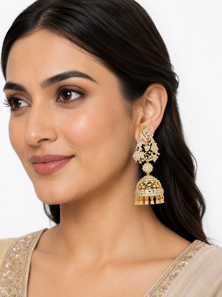 Oversized AD Jhumka Earrings with Ear Chains, Kushboo Style Bridal Jhumkas, Indian Wedding Jewelry, Gold Tone Statement Earrings