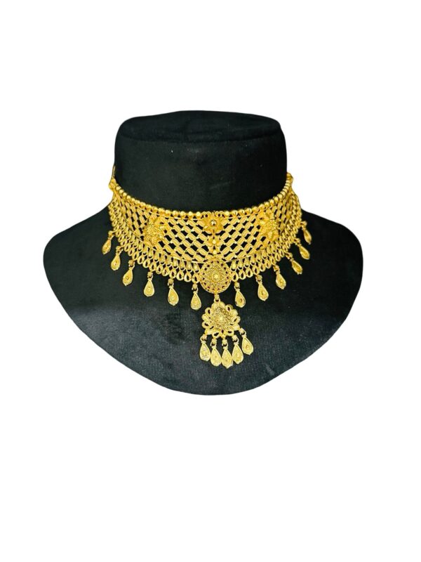 Micro Gold Plated Choker Necklace Set with Earrings, Indian Bridal Jewelry, Traditional Temple Style Choker, Wedding Jewelry - Image 2