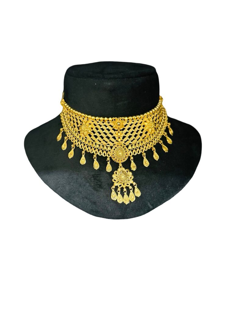 Micro Gold Plated Choker Necklace Set with Earrings, Indian Bridal Jewelry, Traditional Temple Style Choker, Wedding Jewelry