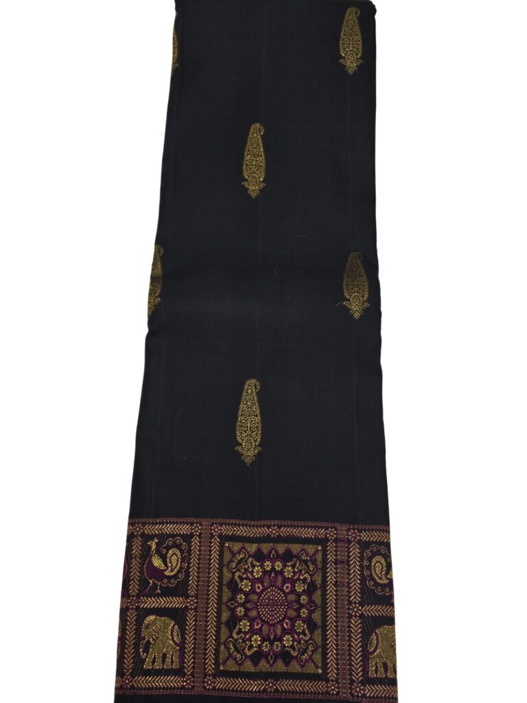 Pure Black Handloom Kanchipuram Silk Saree Gold Zari Wedding Indian Sari