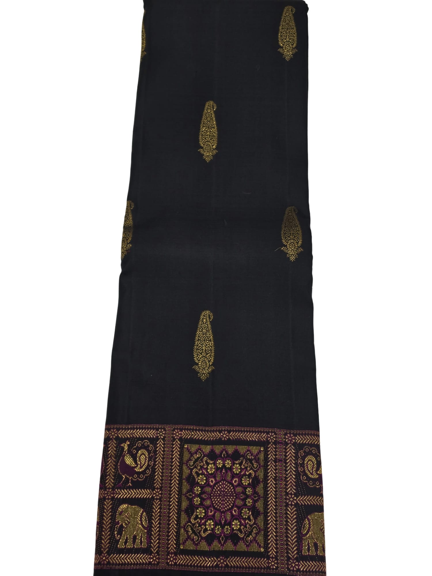 Pure Black Handloom Kanchipuram Silk Saree Gold Zari Wedding Indian Sari - Image 3
