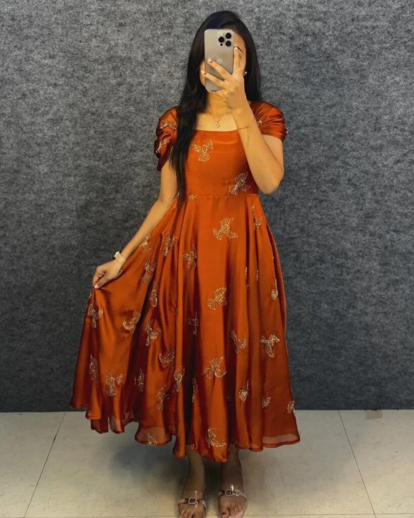 Women’s Rangoli Silk Maxi Gown Aari Bead Work Indian Party Dress M-3XL
