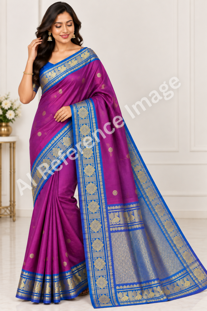 Kanchipuram Handloom pure Silk Saree Purple Blue Gold Zari Peacock Border Indian Wedding