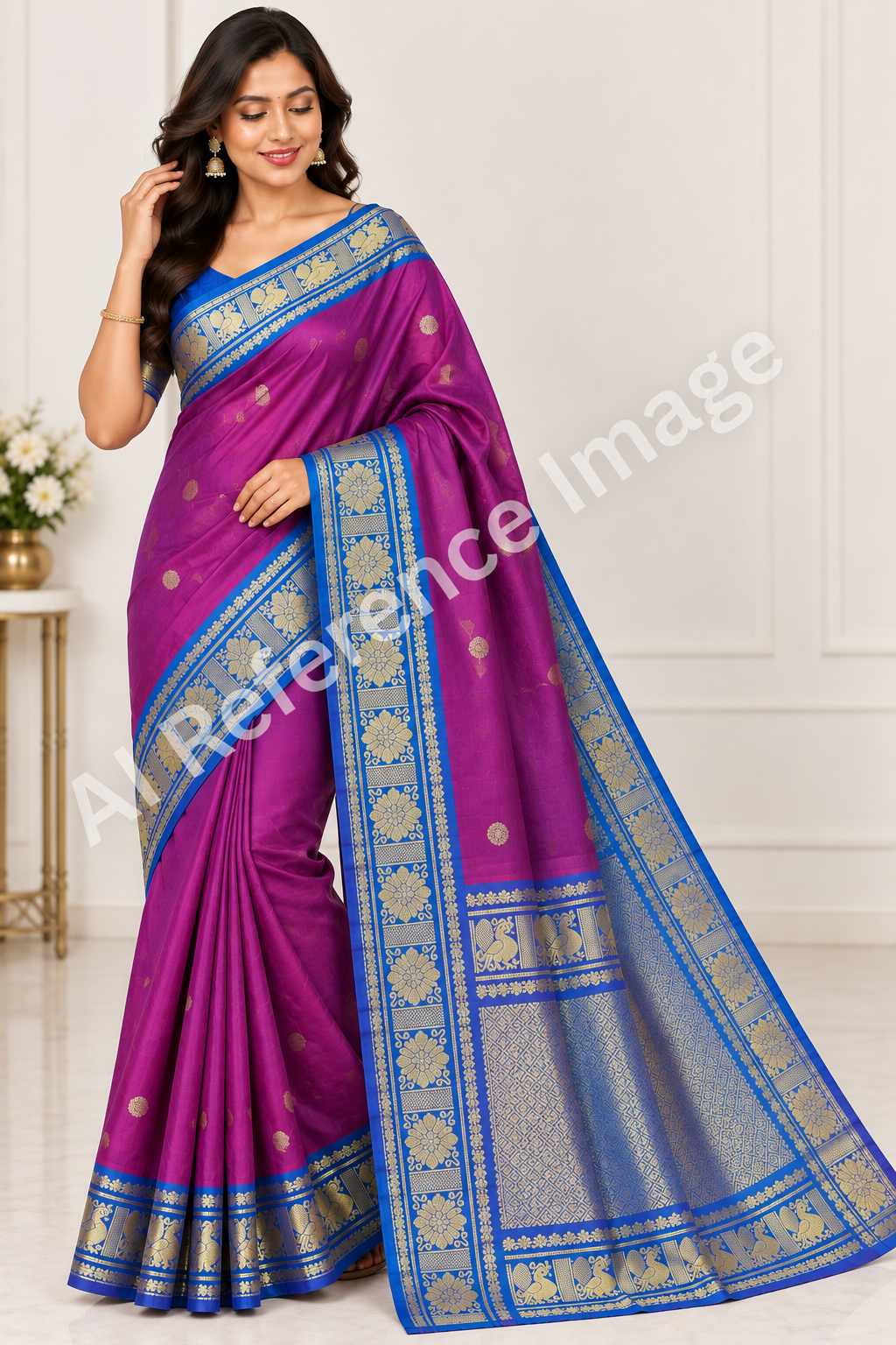 Kanchipuram Handloom pure Silk Saree Purple Blue Gold Zari Peacock Border Indian Wedding - Image 1