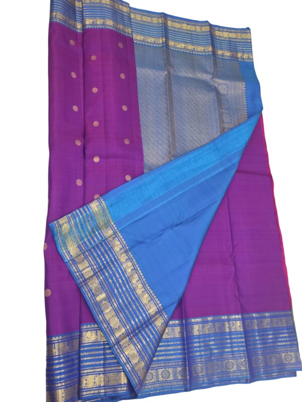 Kanchipuram Handloom pure Silk Saree Purple Blue Gold Zari Peacock Border Indian Wedding - Image 4