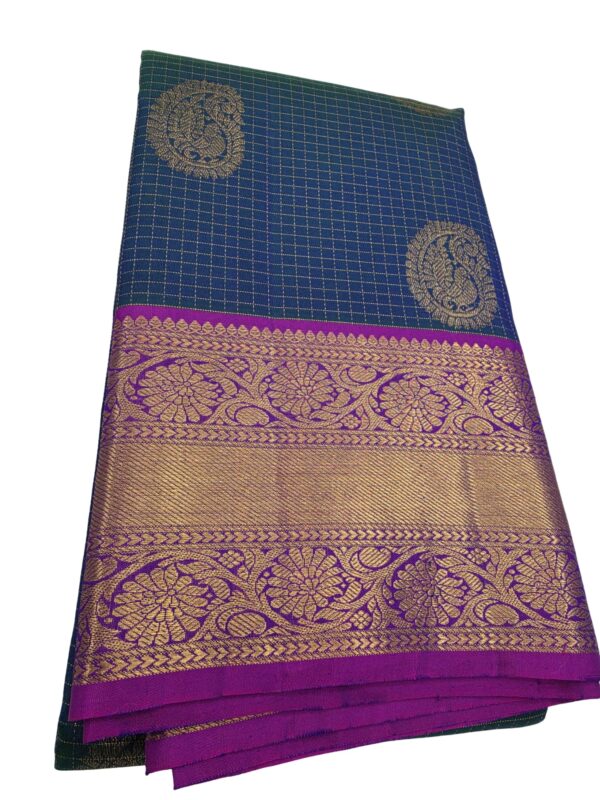 Handloom Kanchipuram Silk Saree Blue Purple Gold Zari Checks Traditional Sari - Image 4