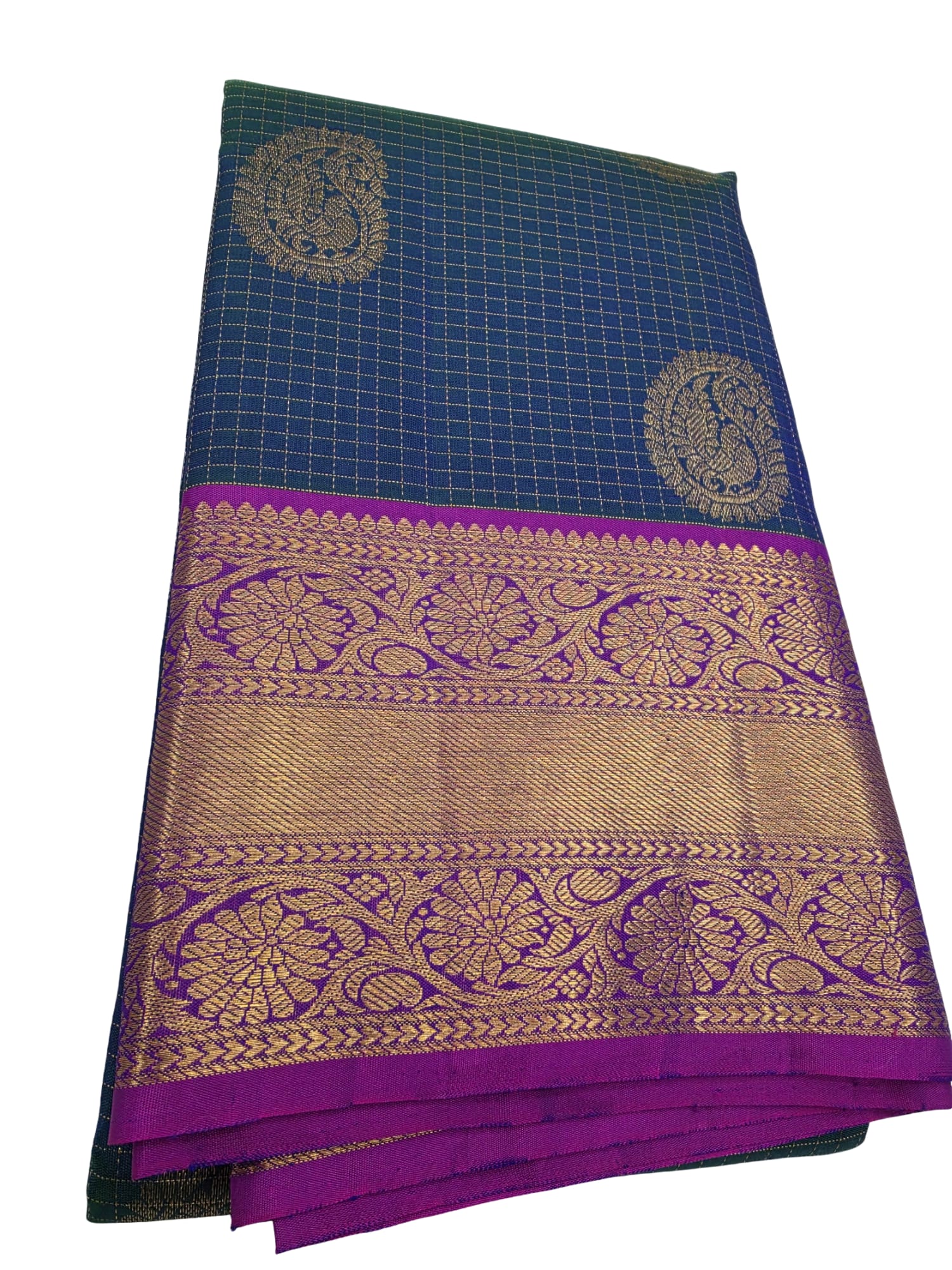 Handloom Kanchipuram Silk Saree Blue Purple Gold Zari Checks Traditional Sari - Image 4