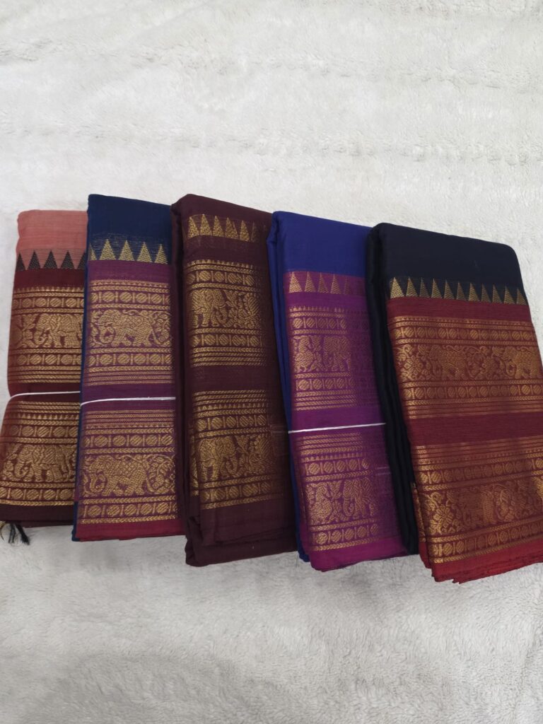 Kanchi Cotton Saree 120 Thread Count Gold Zari Border 5 Color Options