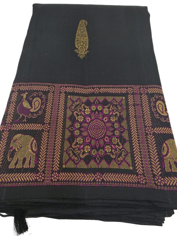 Pure Black Handloom Kanchipuram Silk Saree Gold Zari Wedding Indian Sari - Image 2