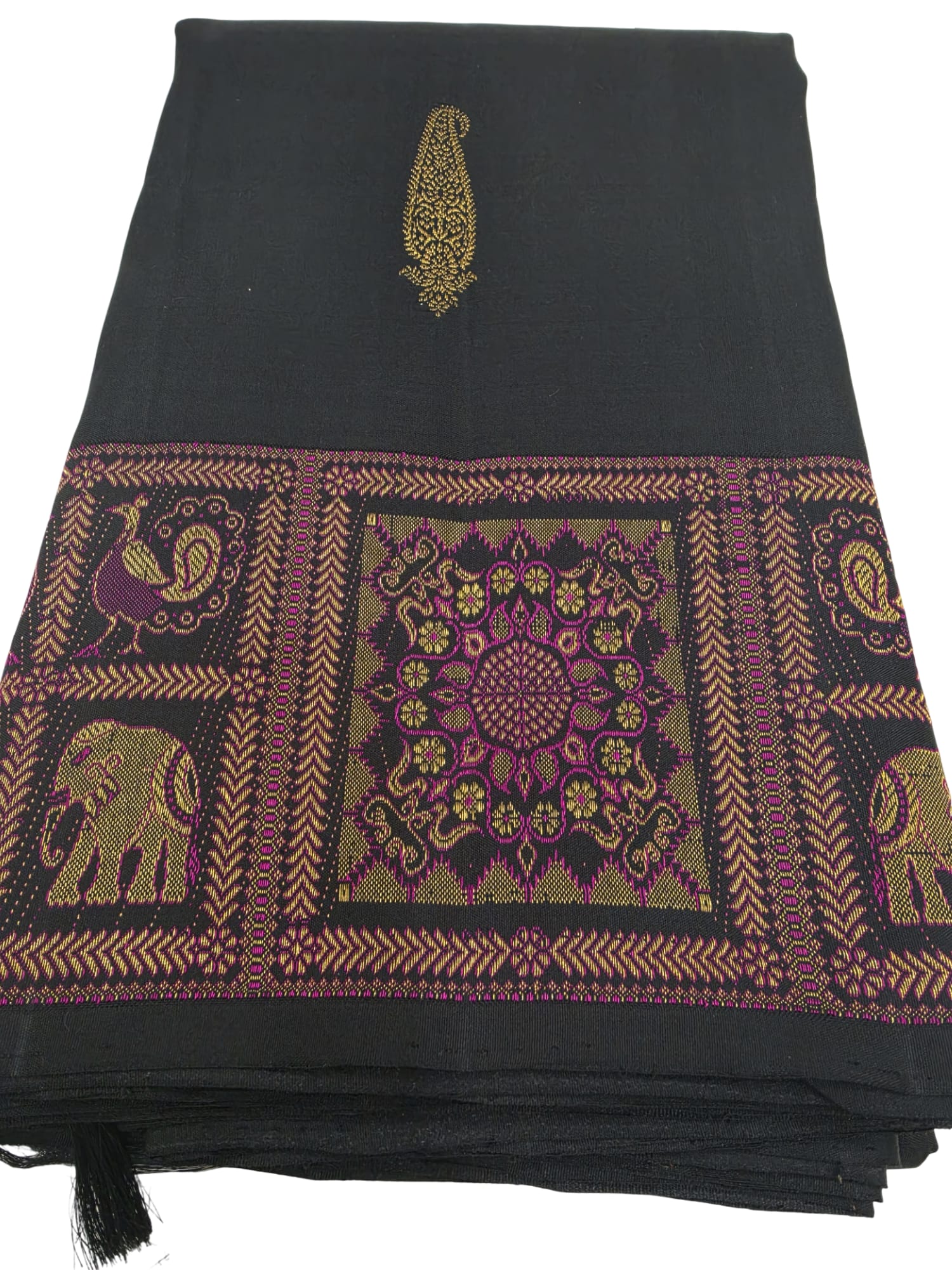 Pure Black Handloom Kanchipuram Silk Saree Gold Zari Wedding Indian Sari - Image 2