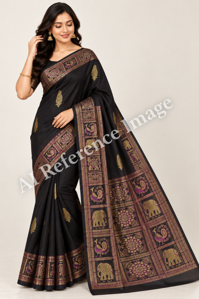 Pure Black Handloom Kanchipuram Silk Saree Gold Zari Wedding Indian Sari