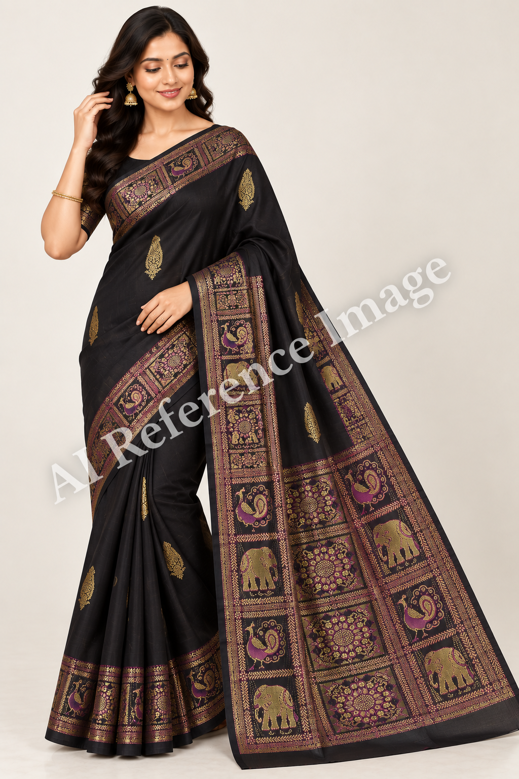 Pure Black Handloom Kanchipuram Silk Saree Gold Zari Wedding Indian Sari - Image 1