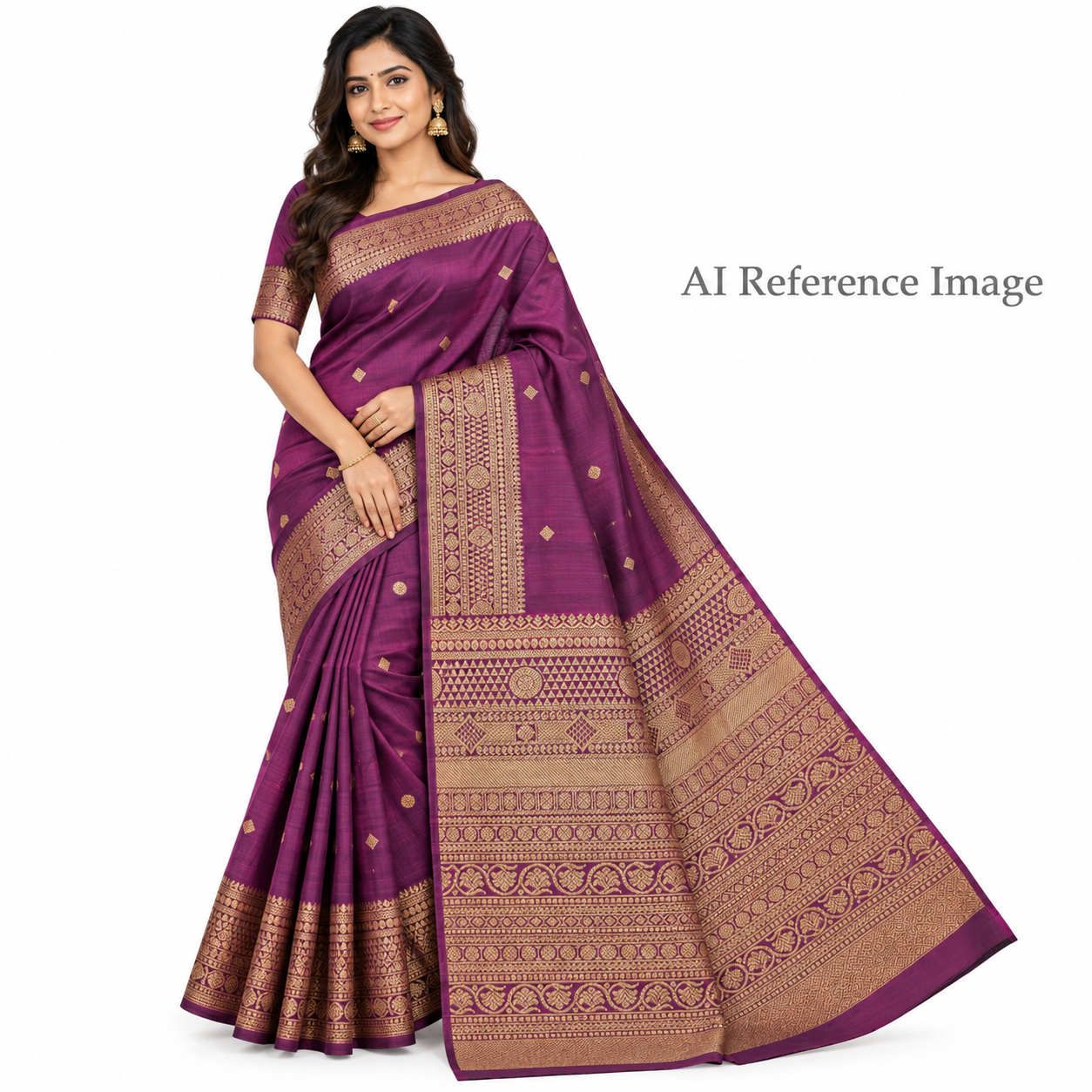 Handloom Kanchipuram Silk Saree Purple Gold Zari Border Traditional Indian Sari - Image 1