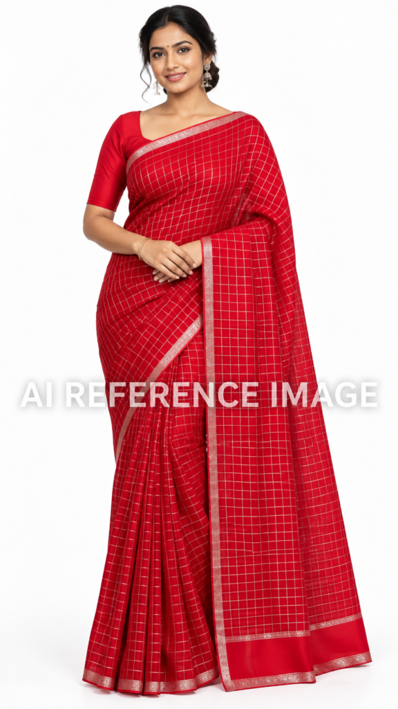 Red Checked Saree Silver Zari Border Indian Traditional Women's Ethnic Wear