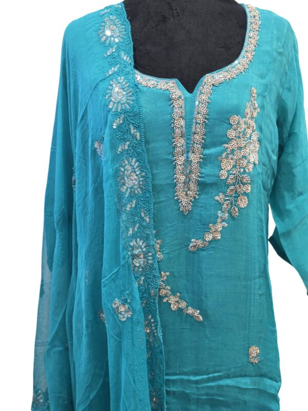 Women 3PC Teal Salwar Suit Embroidered Kurta Pant Dupatta Indian Party M-XXL - Image 3