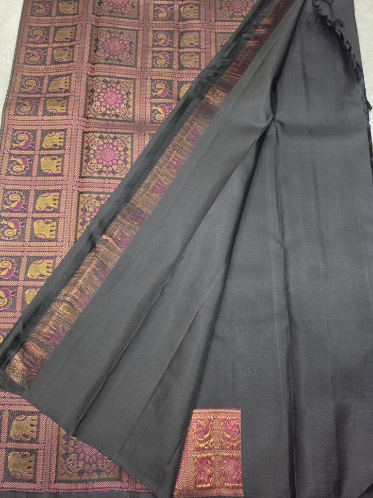 Pure Black Handloom Kanchipuram Silk Saree Gold Zari Wedding Indian Sari
