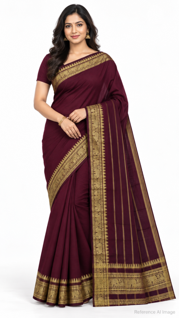 Kanchi Cotton Saree 120 Thread Count Gold Zari Border 5 Color Options