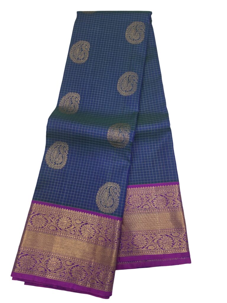 Handloom Kanchipuram Silk Saree Blue Purple Gold Zari Checks Traditional Sari