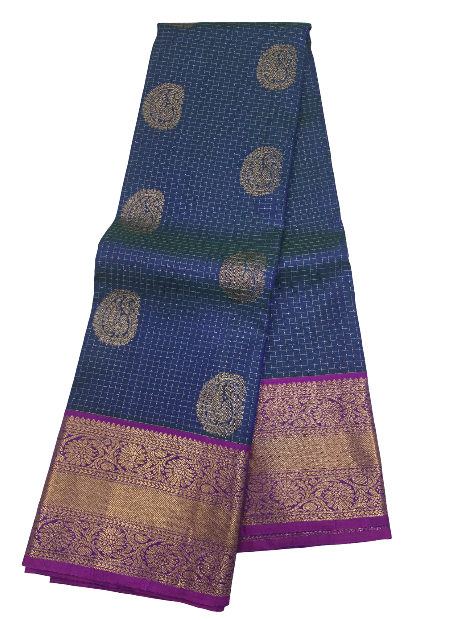 Handloom Kanchipuram Silk Saree Blue Purple Gold Zari Checks Traditional Sari - Image 3