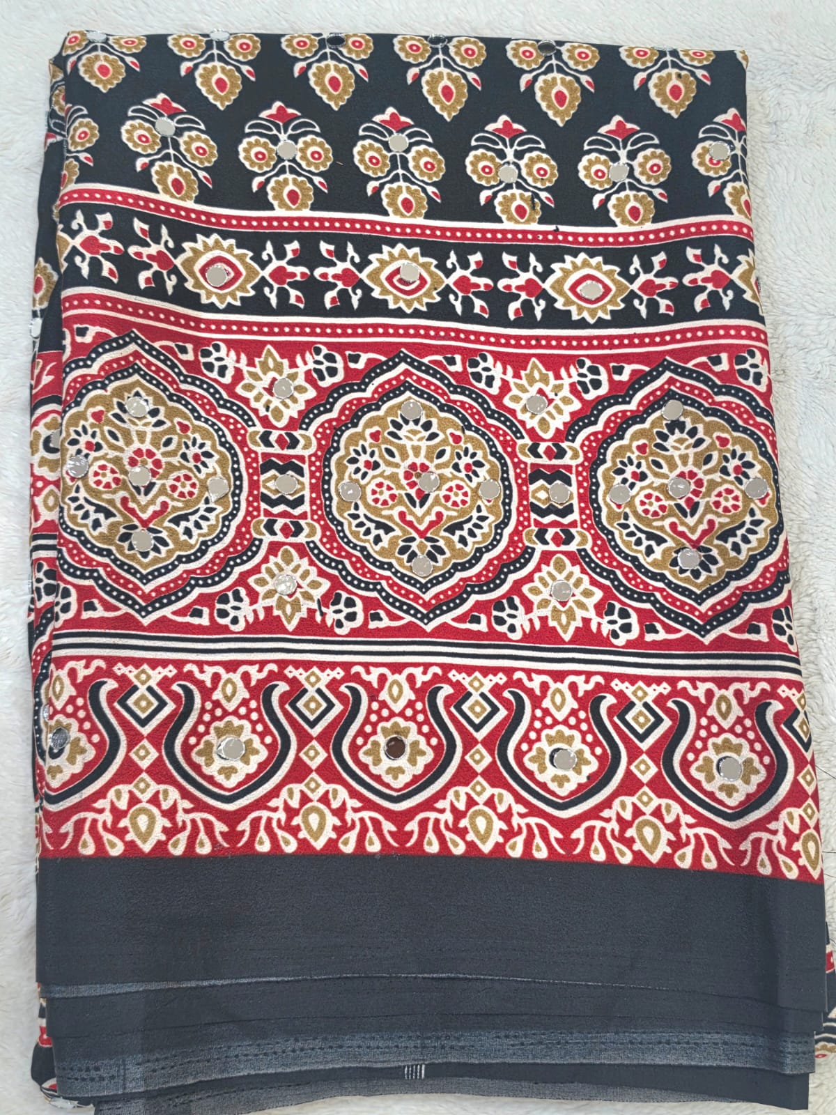 Masakali Mirror Work Black Saree Floral Print Indian Ethnic Women's Sari - Image 2