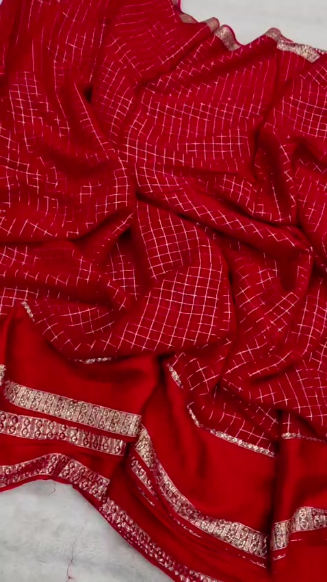 Red Checked Saree Silver Zari Border Indian Traditional Women's Ethnic Wear - Image 3