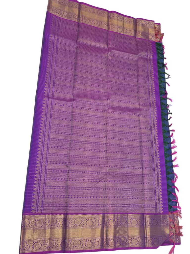 Handloom Kanchipuram Silk Saree Blue Purple Gold Zari Checks Traditional Sari