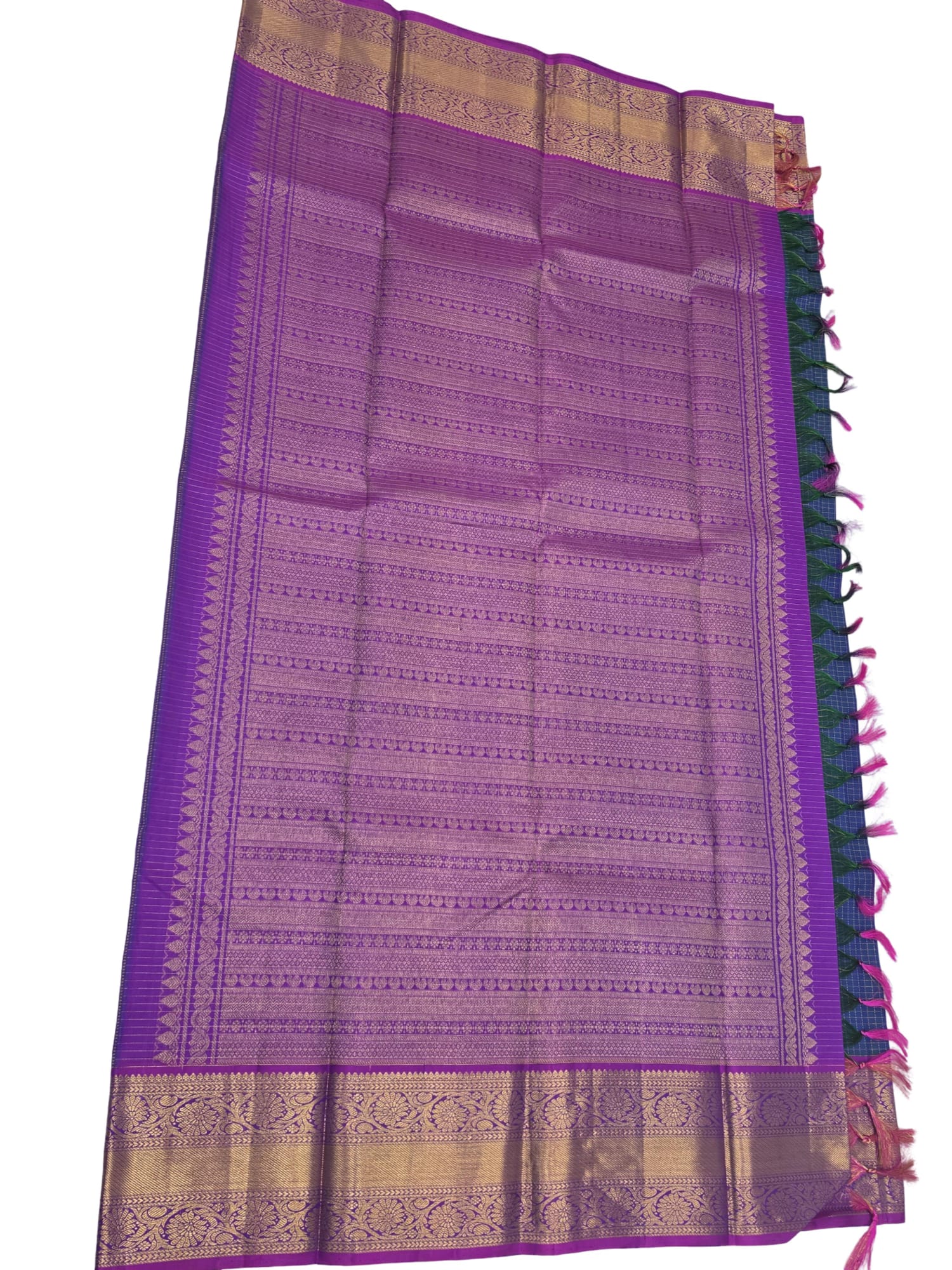 Handloom Kanchipuram Silk Saree Blue Purple Gold Zari Checks Traditional Sari - Image 5