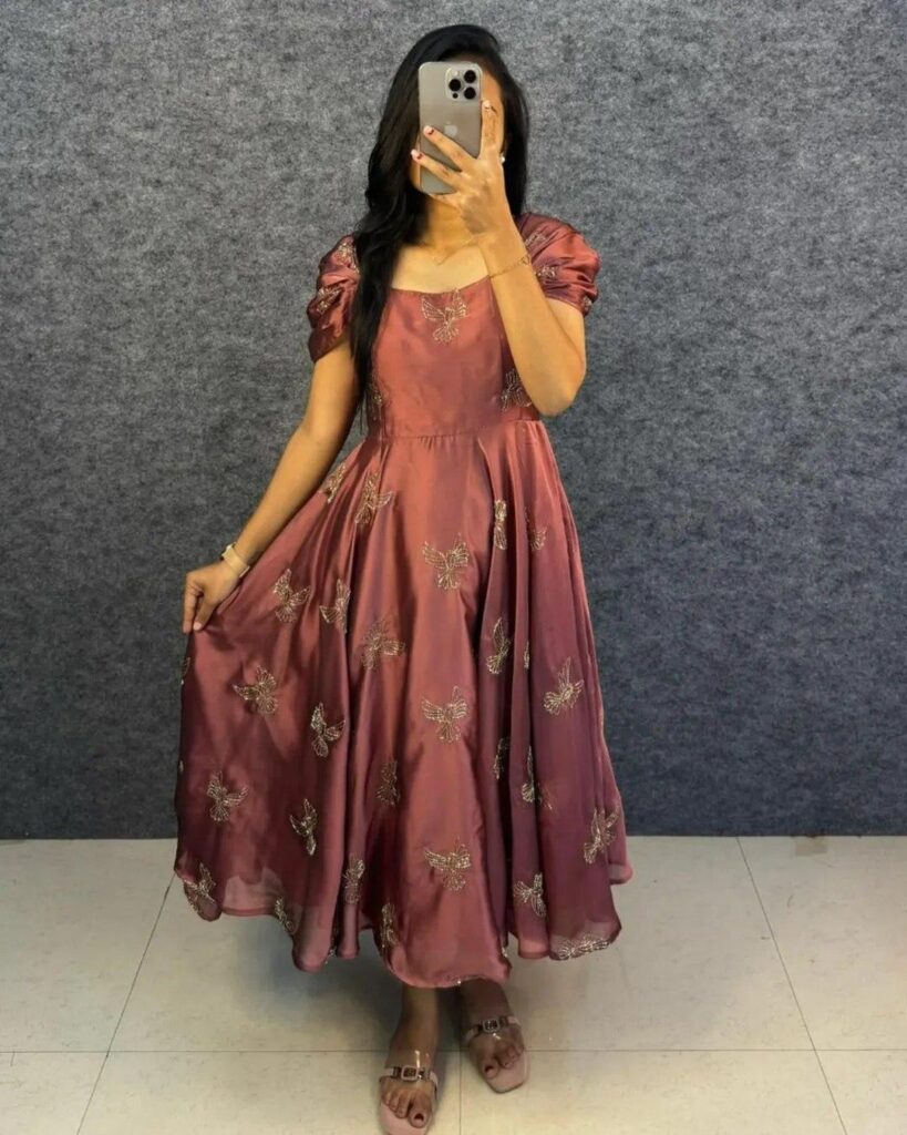 Women’s Rangoli Silk Maxi Gown Aari Bead Work Indian Party Dress M-3XL