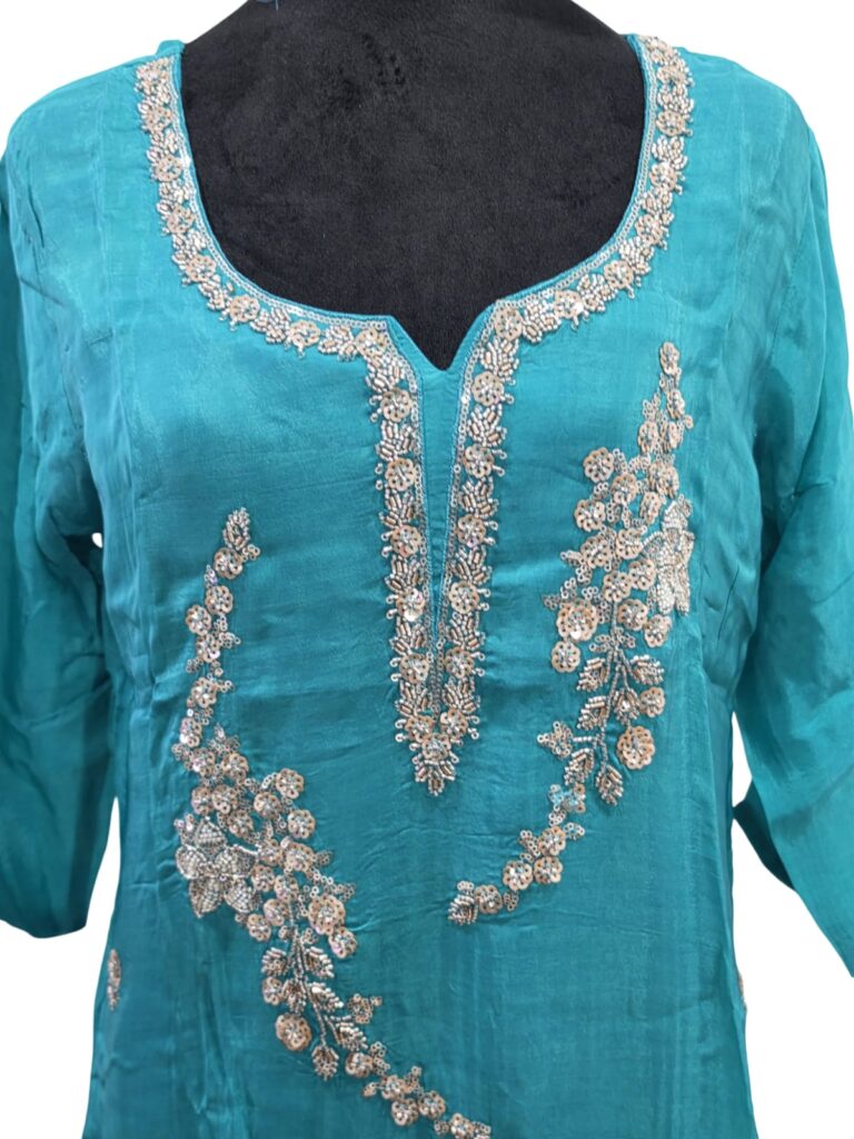 Women 3PC Teal Salwar Suit Embroidered Kurta Pant Dupatta Indian Party M-XXL
