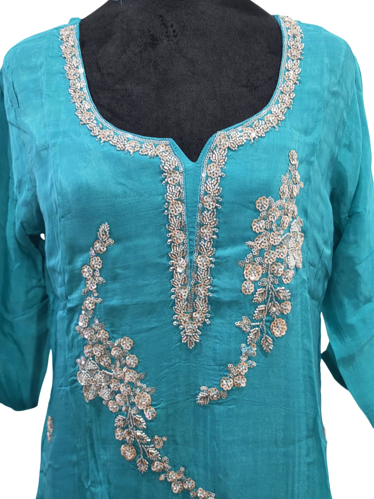 Women 3PC Teal Salwar Suit Embroidered Kurta Pant Dupatta Indian Party M-XXL - Image 2