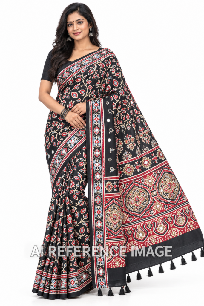 Masakali Mirror Work Black Saree Floral Print Indian Ethnic Women's Sari