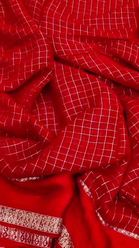 Red Checked Saree Silver Zari Border Indian Traditional Women's Ethnic Wear - Image 5