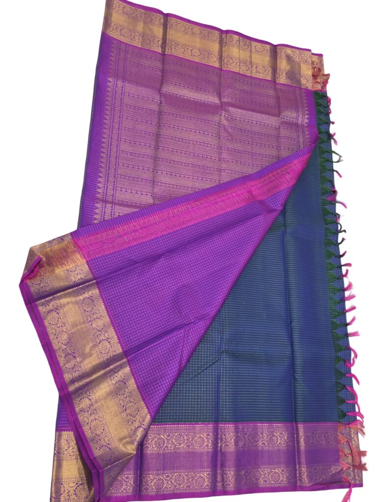 Handloom Kanchipuram Silk Saree Blue Purple Gold Zari Checks Traditional Sari