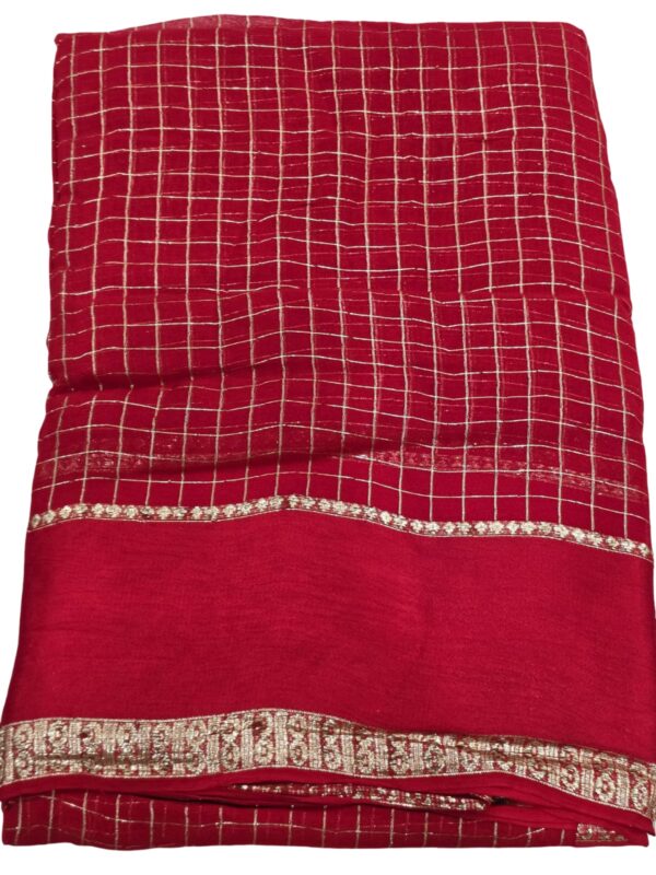 Red Checked Saree Silver Zari Border Indian Traditional Women's Ethnic Wear - Image 7