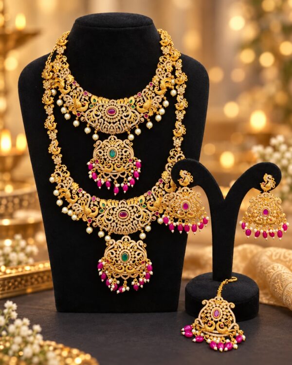 Gold Plated AD Stone Bridal Jewellery Set Long Haram Choker Earrings Maang Tikka - Image 3