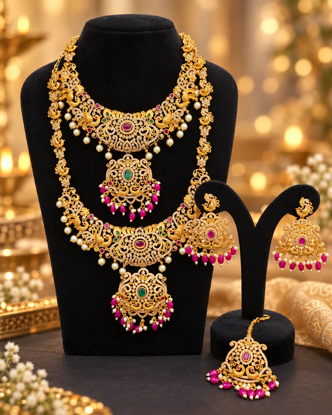 Gold Plated AD Stone Bridal Jewellery Set Long Haram Choker Earrings Maang Tikka - Image 3
