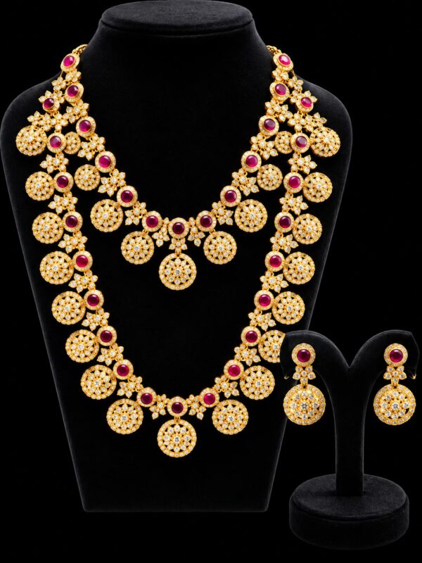 Traditional Butta Mala Long Haram Short Necklace Earrings Set Pink Gold Tone - Image 2