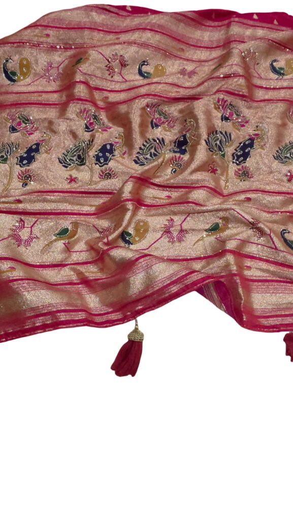 Rich Banarasi Designer Saree with Dupatta Rani Pink Gold Zari Peacock Party Wear