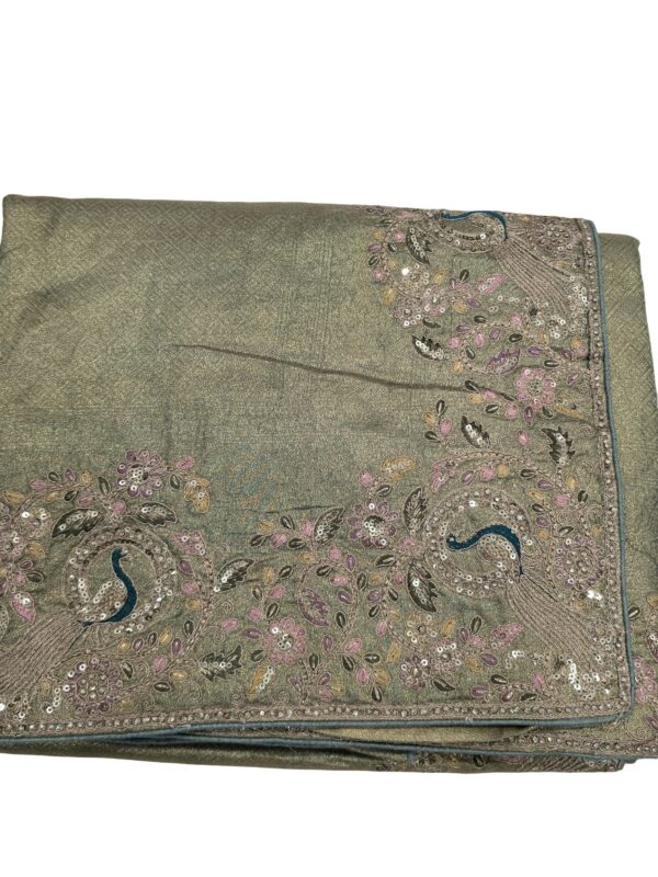 Designer Tissue Silk Saree Peacock Embroidery Sequin Work Wedding Party Wear - Image 3