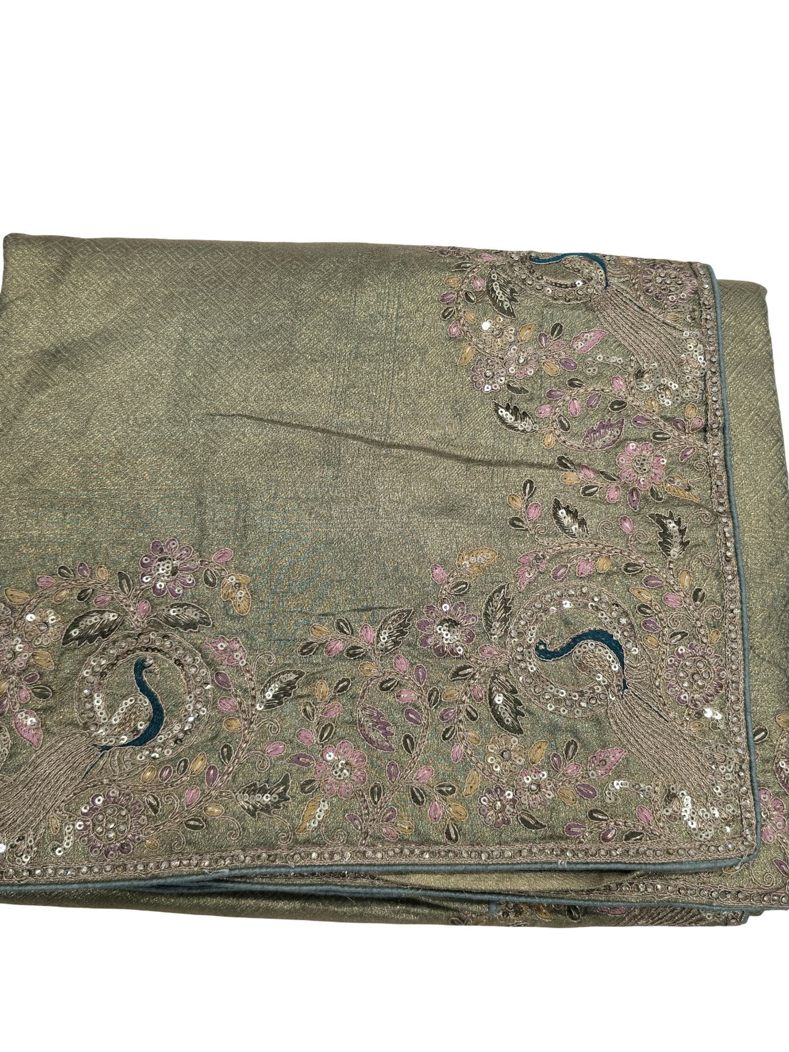 Designer Tissue Silk Saree Peacock Embroidery Sequin Work Wedding Party Wear - Image 3