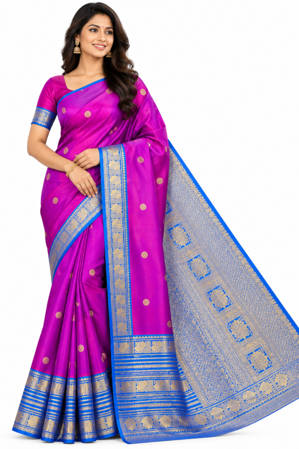 Pure Silk Kanchipuram Saree Magenta Blue Gold Zari Traditional Indian Wedding - Image 1